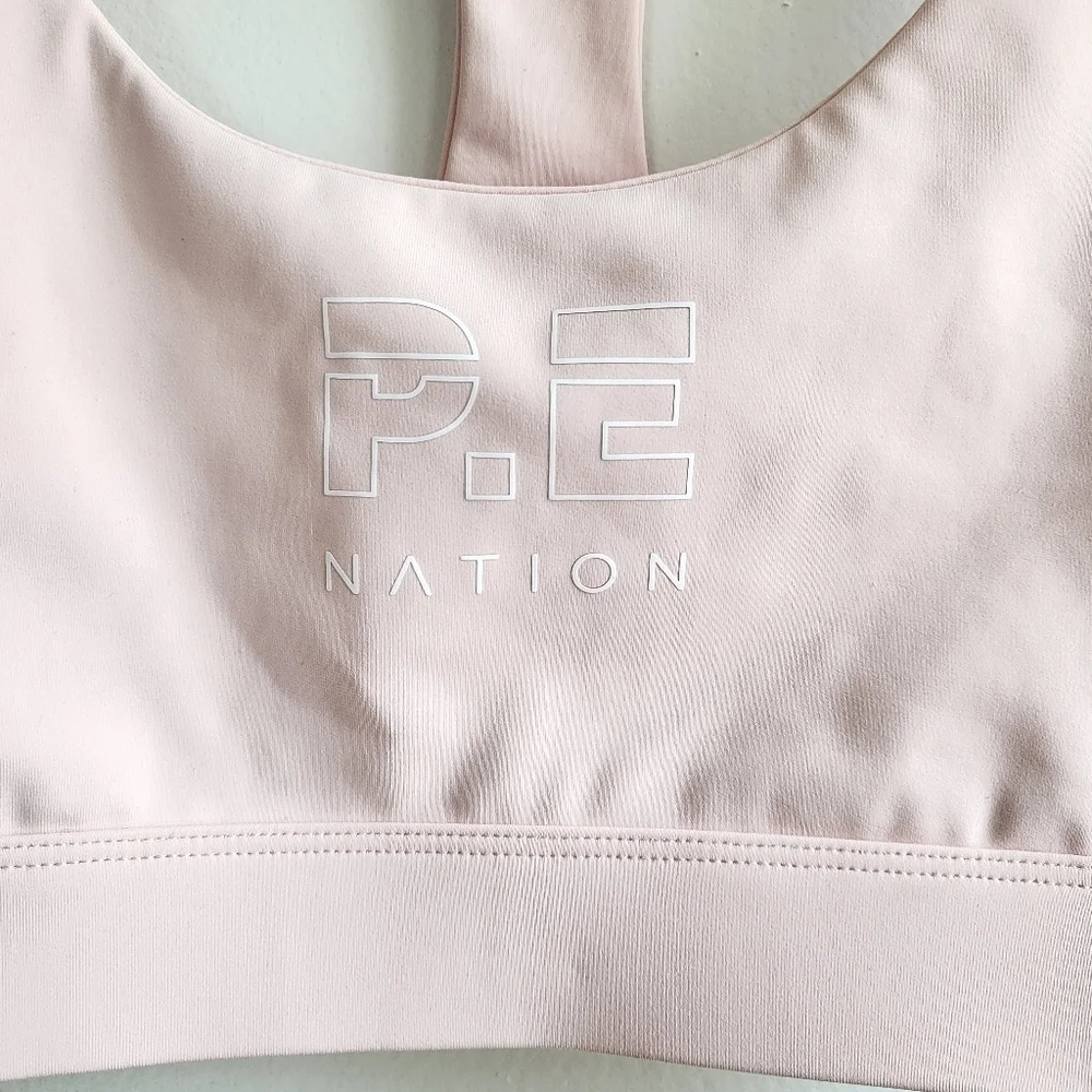 New P.E Nation Logo Scoopneck Racerback Light Pink/White Sports Bra NWT XS